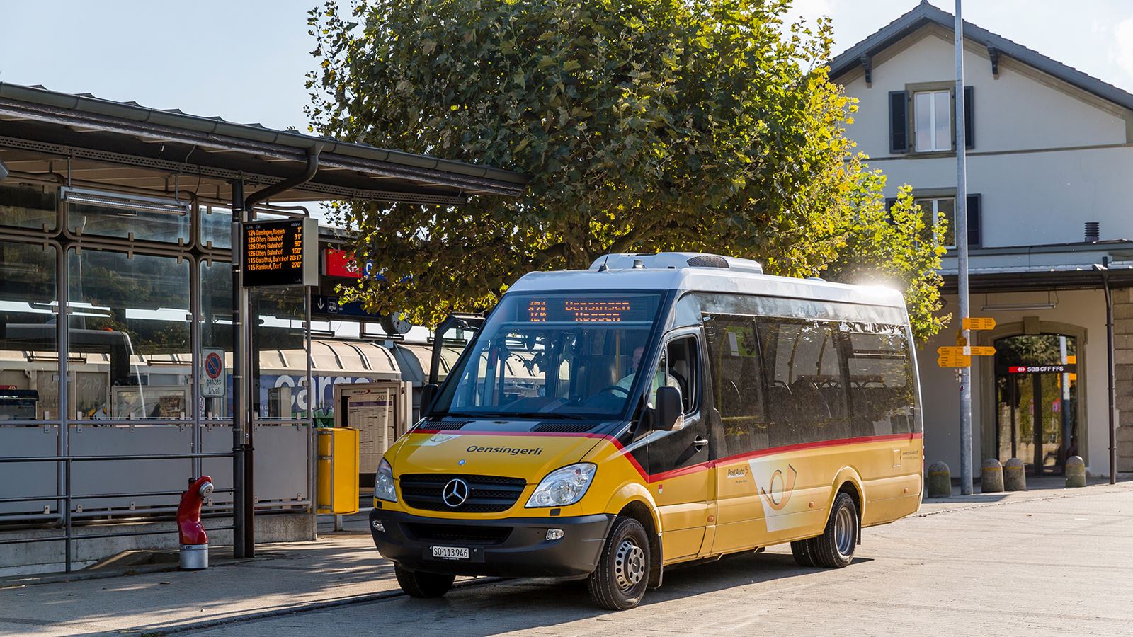 The special local bus, which has the word “Oensingerli” written on the front, is shown at Oensingen railway station.