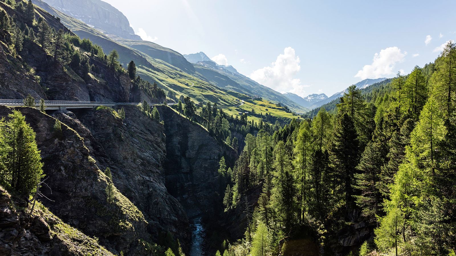 Die Strasse führt auf der linken felsigen Talseite Richtung Juf. © demateo.com