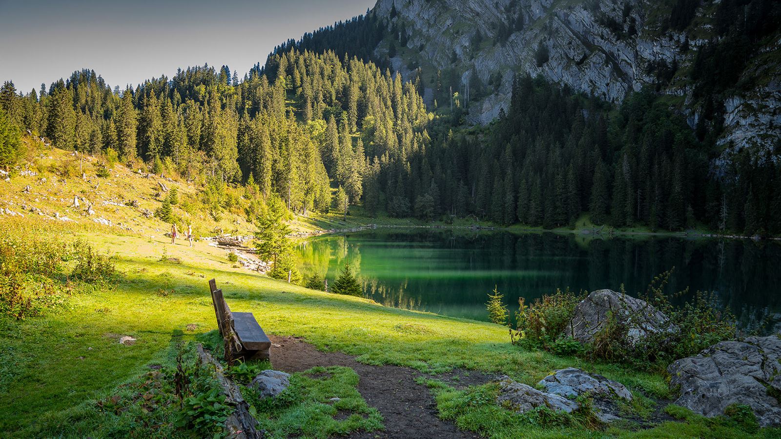 Blick auf Bergsee, Wald und gemütliche Holzbank ©Mike Kaufmann
