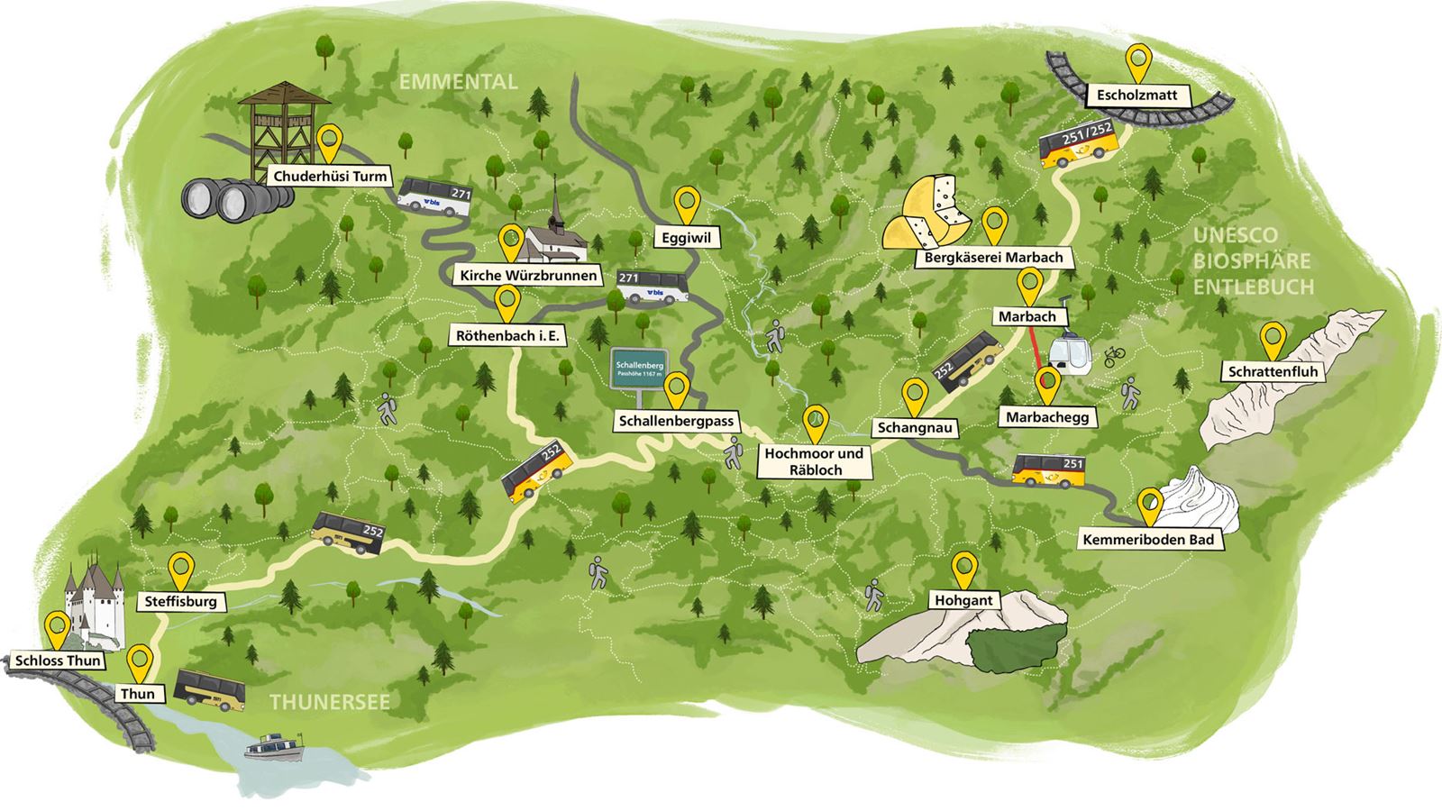 Drawn map showing where the Schallenberg route stops.