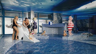 Planschbecken mit Kinderrutsche und Papa Moll Figur