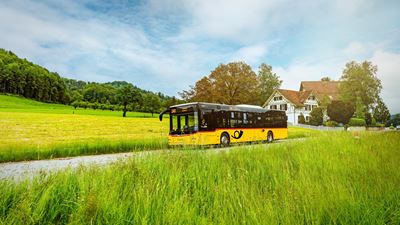 Ein gelbes Postauto fährt im Sommer durch ländliches Gebiet. Im Hintergrund ist ein traditionelles Riegelhaus zu sehen.