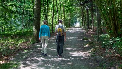 Une femme vêtue d’un pull bleu et d’un pantalon clair et un homme portant un pantalon noir et un sac à dos randonnent dans une forêt ombragée.