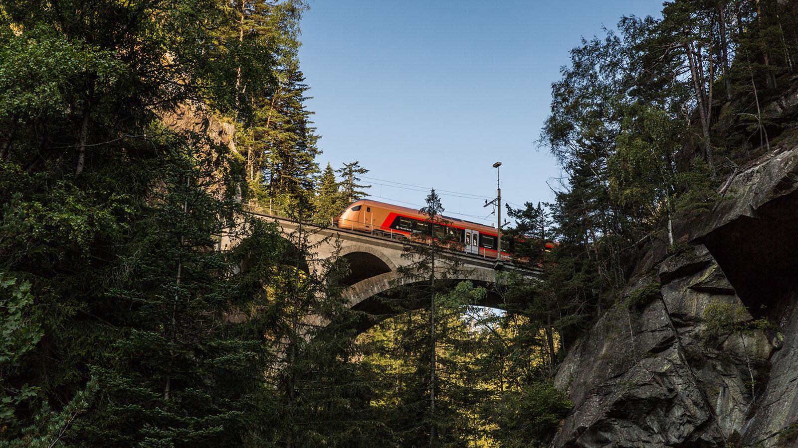 Train SOB sur un pont en pierre au milieu d’une vallée boisée par un ciel clair.