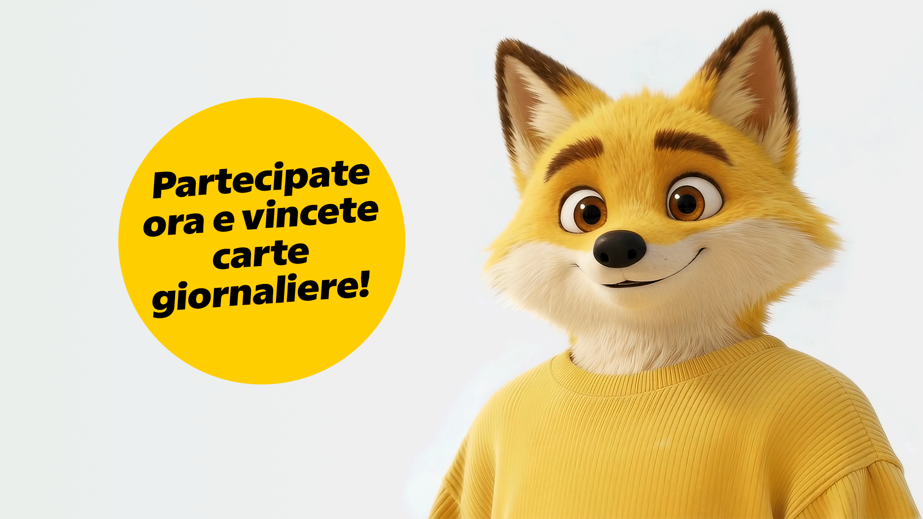 Illustration eines freundlichen, comicartigen Fuchses im gelben Pullover neben einem gelben Kreis mit der Aufschrift: ‚Jetzt mitmachen und Tageskarten gewinnen!