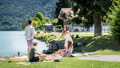 Vier Personen machen ein Picknick am Seeufer und spielen mit einem Ball; im Hintergrund sind Bäume, ein Haus und ein Postatuo.